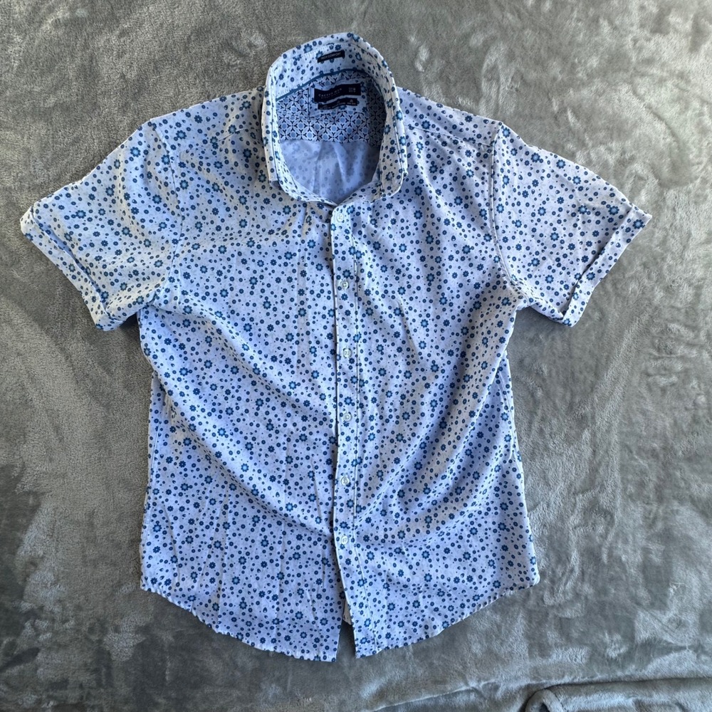 Mens Floral Button Up Shirt Size M Blue White Short‎ Sleeve Vacation Coastal Top